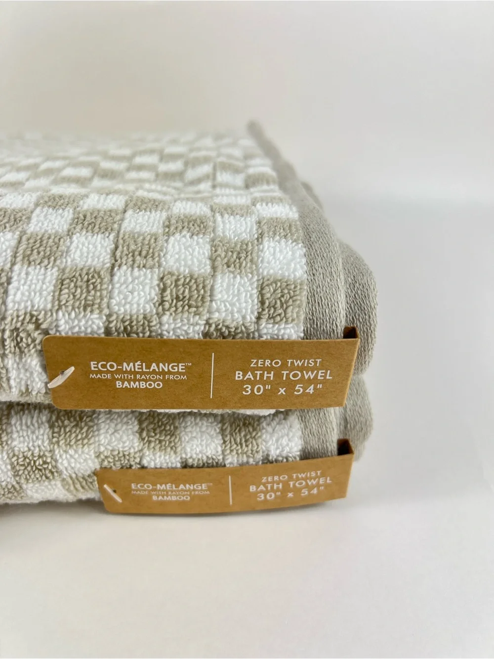 Common Thread 2 Pc Bamboo Bath Towels Tan and White Check Print Soft Cotton NEW